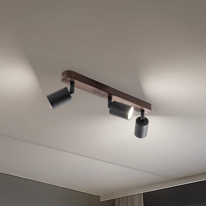 TK Lighting Plafondspot Subrin, notenhout, 3-lamps