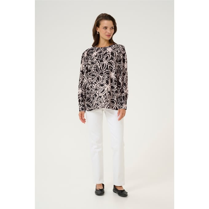 Blouse met lange mouwen Regular fit Black / Light Beige Flower floral