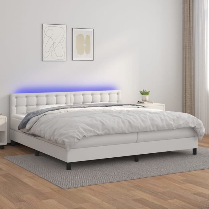 vidaXL - Boxspring - met - matras - en - LED - kunstleer - wit - 200x200 - cm