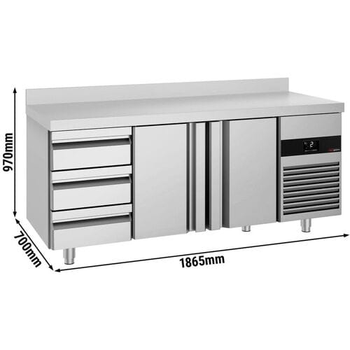 GGM Gastro Koelwerkbank PREMIUM - 1865x700mm - met 2 deuren - met 3 lades - met opstand zilver