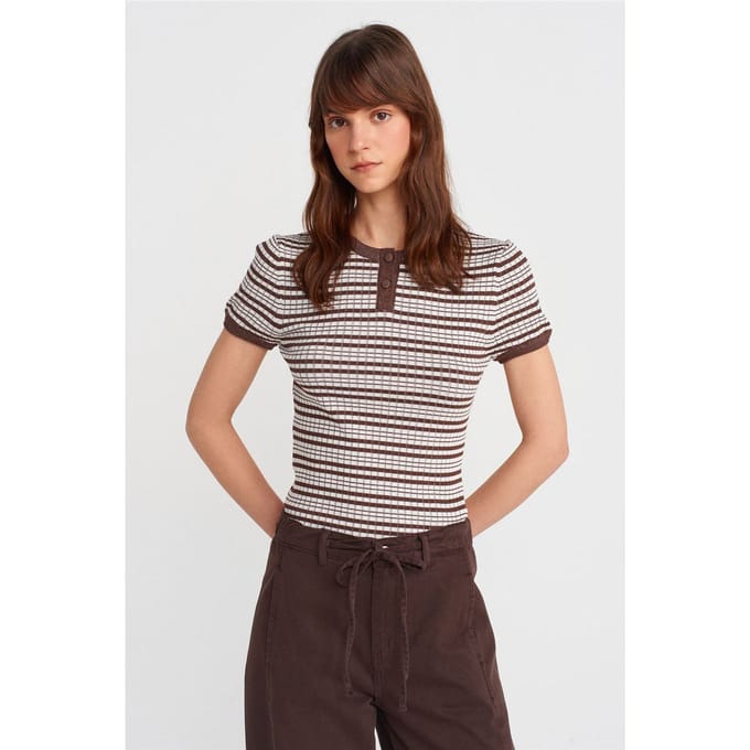 Gestreepte Geribbelde Blouse met Knopen aan de Voorkant