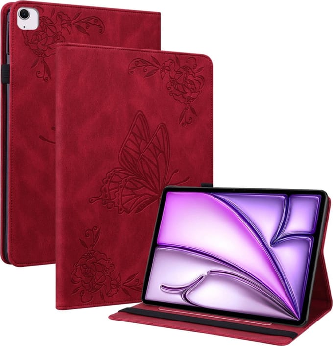 Luxe Bescherm-Etui Map geschikt voor Apple iPad Air 6 11" - 2024 - Rood - Vlinder