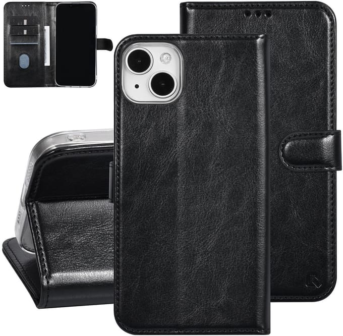 UNIQ Accessory Back Cover - iPhone 15 & 14 Plus - Zwart - Magnetische sluiting - Pasjeshouder voor 3 pasjes