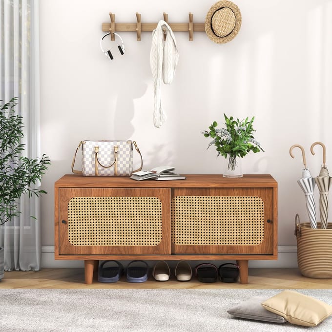 Clruro Schoenenkast - 104x40x48 cm - Rotan Met 2 Deuren En Verstelbare Plank - MDF - Walnoot