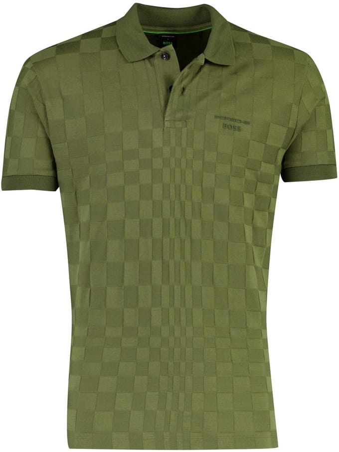 BOSS Green poloshirt donkergroen vierkant patroon gebreid