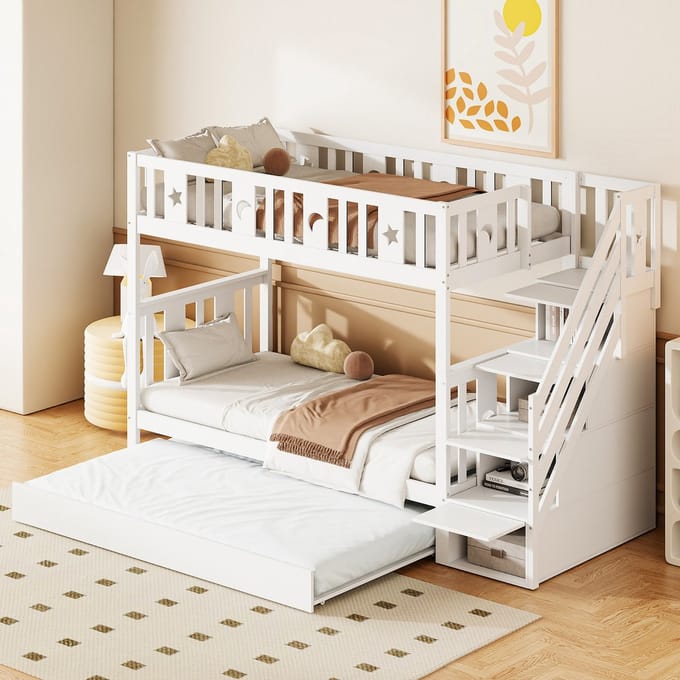 Sweiko Stapelbed - 90 x 200 cm - Met uitschuifbaar bed - Massief hout + MDF - Opbergruimte - Kinderbed - Wit