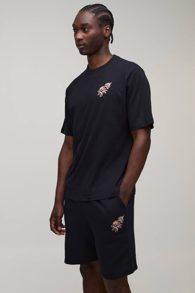 Tall Regular Fit T-shirt Met Rozenborduursels & Regular Fit Short Set | Black | Size Medium