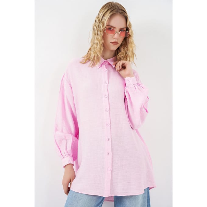 Oversized Textuur Lange Blouse met Shirtkraag