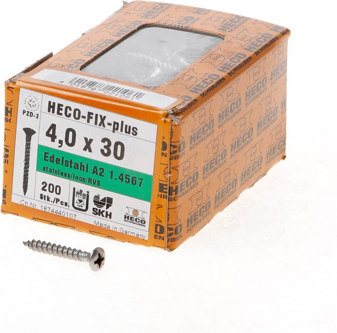 Heco Spaanplaatschroef lenskop RVS A2 pozidriv FIX-plus 4.0x30mm (per 200 stuks)