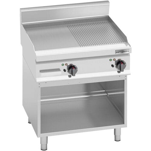 GGM Gastro Elektrische bakplaat - 8kW - 1/2 glad 1/2 geribbeld - Bakoppervlak: 596x430mm - met open onderbouw zilver