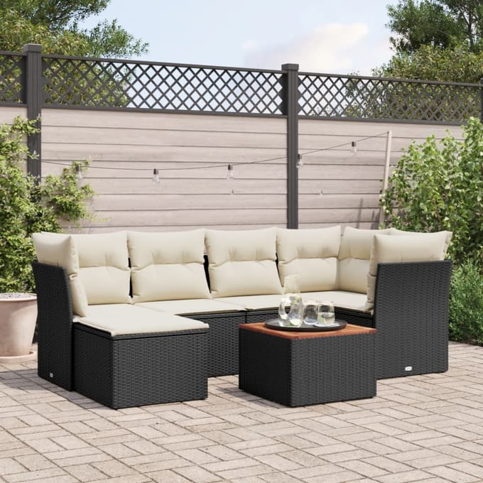 vidaXL - 7-delige - Loungeset - met - kussens - poly - rattan - zwart