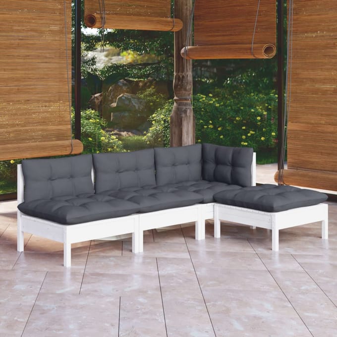 vidaXL - 4-delige - Loungeset - met - kussens - grenenhout - wit