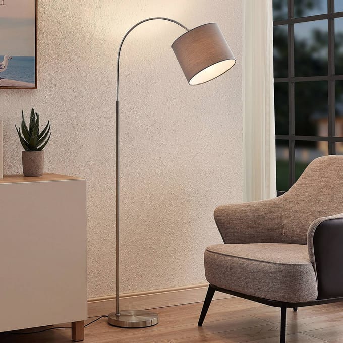 Lindby - booglamp - 1licht - IJzer, textiel - H: 150.2 cm - E27 - satijnnikkel, grijs