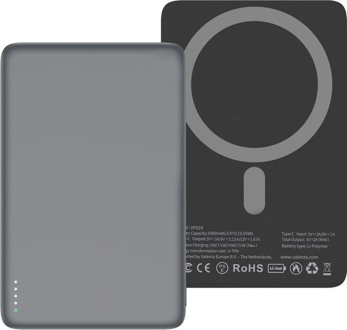 Valenta Ultra Dunne Single USB-C Powerbank 5.000 mAh 20W - Snellader - MagSafe Compatible - Grijs