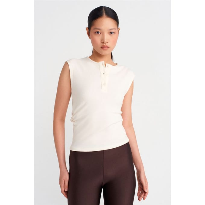 Mouwloze Geribbelde Blouse met Knopen aan de Voorzijde