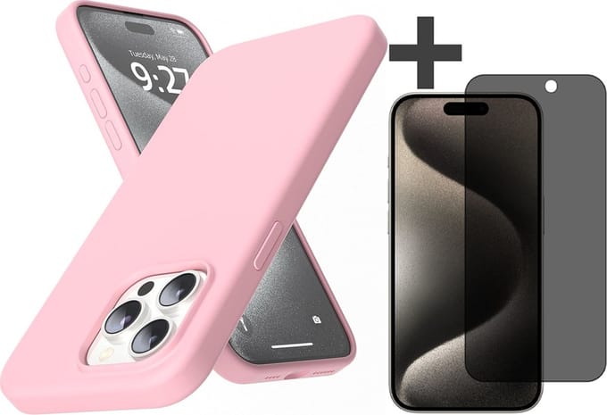 Hoesje met Privacy Screenprotector Geschikt voor iPhone 15 Pro Hoesje Siliconen - liquid case - Arara Backcover - Roze