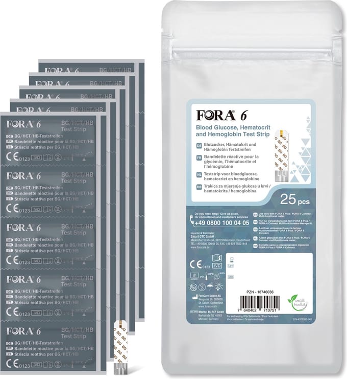 FORA 6 3-in-1 Teststrips: Bloedsuiker, Hematocriet en Hemoglobine (25 stuks)