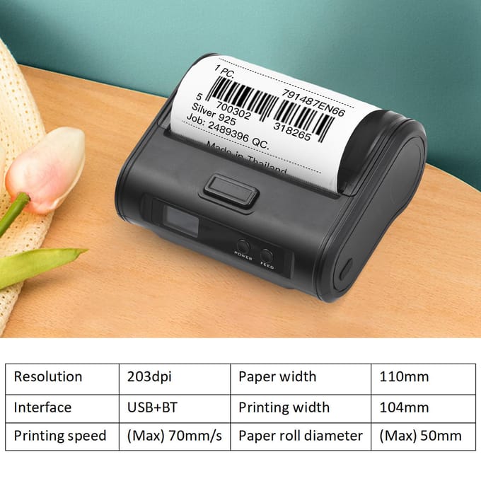 Draadloze Thermische Bonprinter 4 inch 110 mm Draagbare Mobiele Printer 203 dpi Heldere Afdruk BT+USB zwart