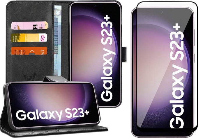 Hoesje geschikt voor Samsung Galaxy S23 Plus - Screen Protector FullGuard - Book Case Kunstleer Pasjeshouder Zwart & Screenprotector
