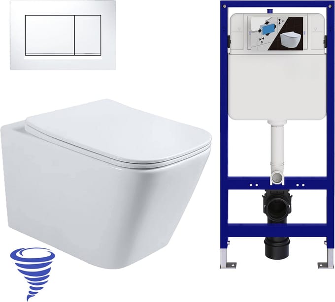 LOMAZOO Hangtoilet met Inbouwreservoir - Vierkant Wit - Drukplaat Vierkant Wit - Linea