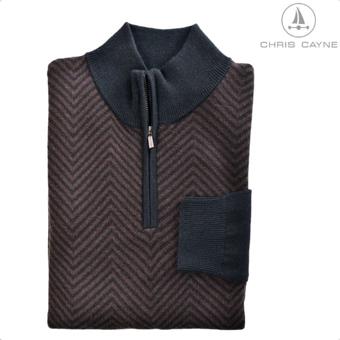 Chris Cayne trui 6008 - bruin/navy visgraat - korte rits - maat M