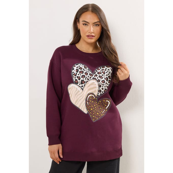 Yours Bordeauxrode Triple Heart Print Sweatshirt Size 46