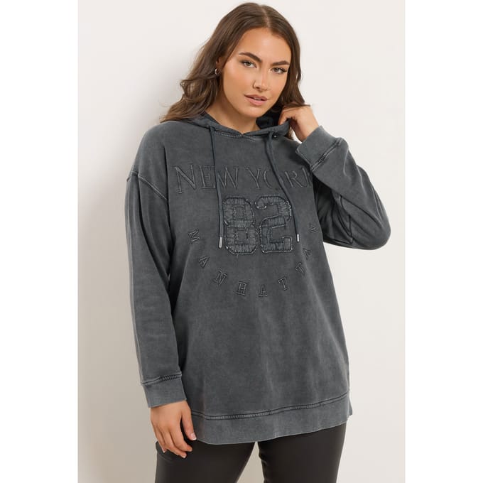 Yours Charcoal Grey 'New York' Geborduurde Slogan Hoodie Size 48