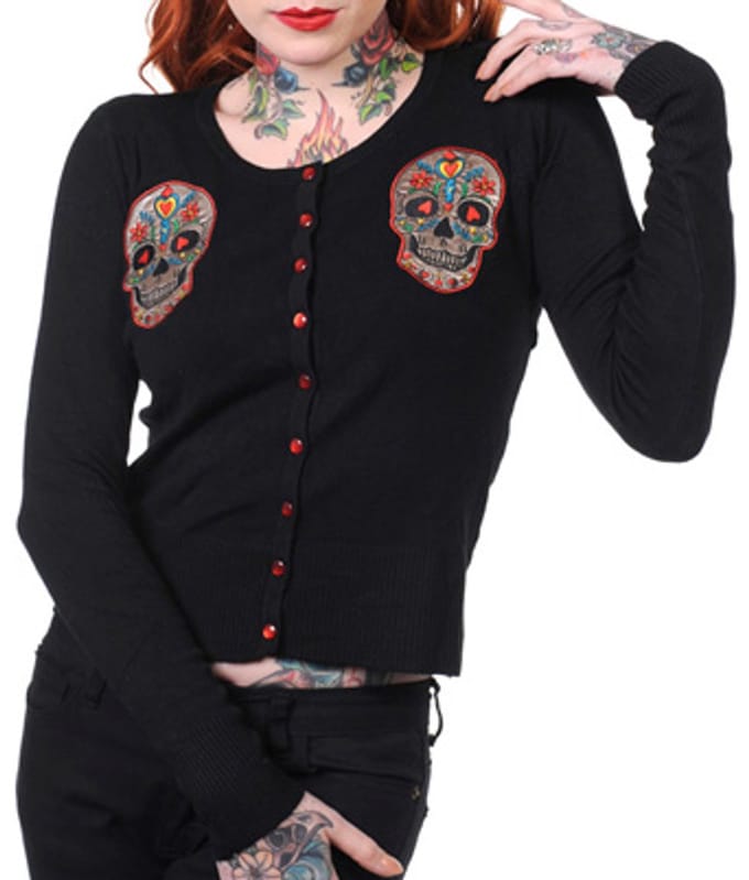 Banned - SUGAR SKULL Cardigan - S/M - Zwart/Rood