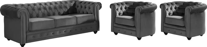 Vente-unique Driezitsbank en 2 fauteuils CHESTERFIELD - velours - antraciet