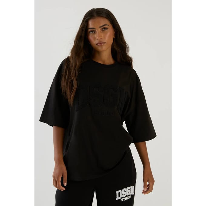 Dames Dsgn Studio Handdoek Applique Oversized T-shirt | Zwart | Maat: Small