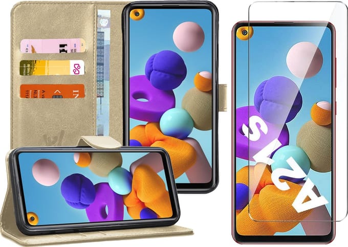 Hoesje geschikt voor Samsung Galaxy A21s - Screen Protector GlassGuard - Book Case Kunstleer Pasjeshouder Goud & Screenprotector