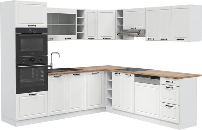 Vicco Hoekkeuken R-Line, Wit Landhuis/Wit, 247 x 237 cm, WB Eik