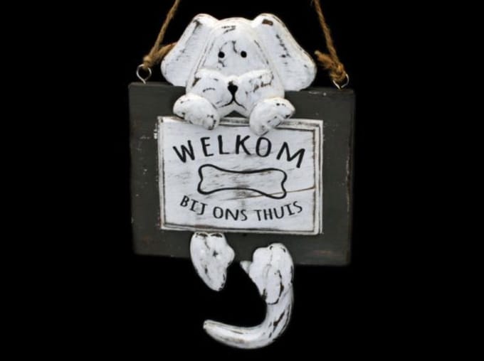 Bordje hond 20x12cm welkom antique white