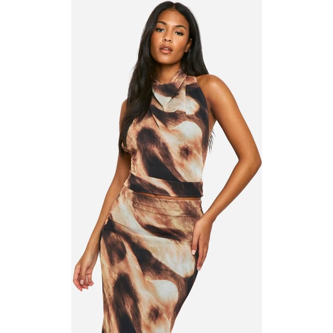 boohoo Dames Lang Abstract Bedrukt Mesh Cowl Top | Zwart | Maat: 44