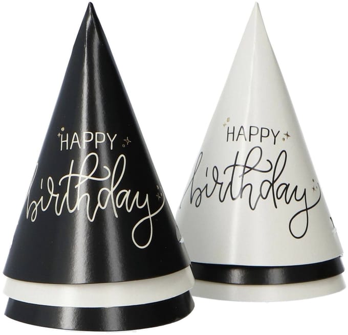 Folat - Mini feesthoedje crème noir happy birthday - 6 stuks