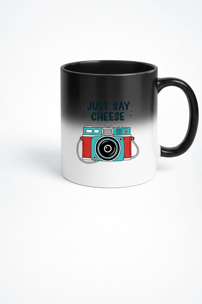Magic Mug "Just Say Cheese" - Zwart naar Wit Warmtegevoelige Mok met Camera Design