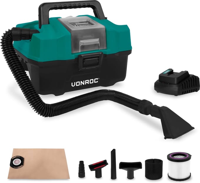 VONROC Compacte alleszuiger / stofzuiger - 20V - Incl. Diverse accessoires, 2.0Ah accu en snellader