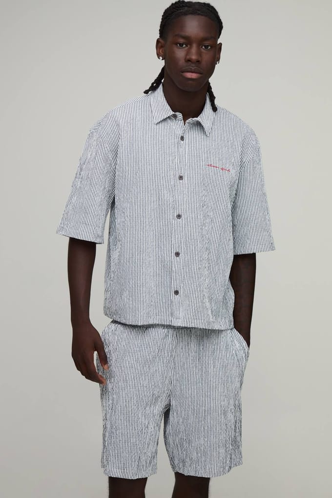 Gestreepte Seersucker Geborduurd Boxy Oversized Shirt & Short Set | Black | Size XS