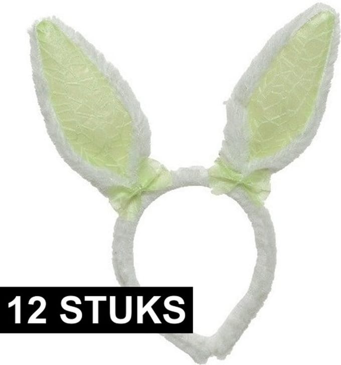 Decoris Konijnoren Diadeem wit groen - 12x - Verkleedaccessoire - Polyester - Unisex - 21,5x24 cm