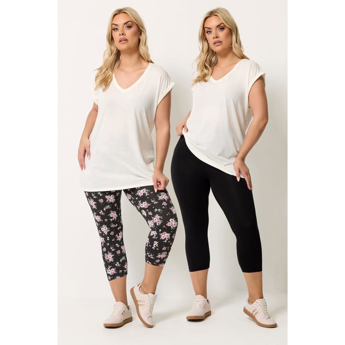 Yours Yourset 2Pack Zwarte Cropped Leggings Met Bloemensize 50