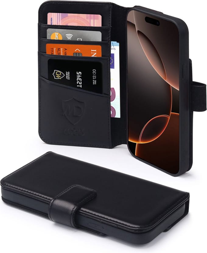 MobyDefend Hoesje - Geschikt voor iPhone 16 Pro Max - Luxe Leren Wallet Bookcase - Zwart