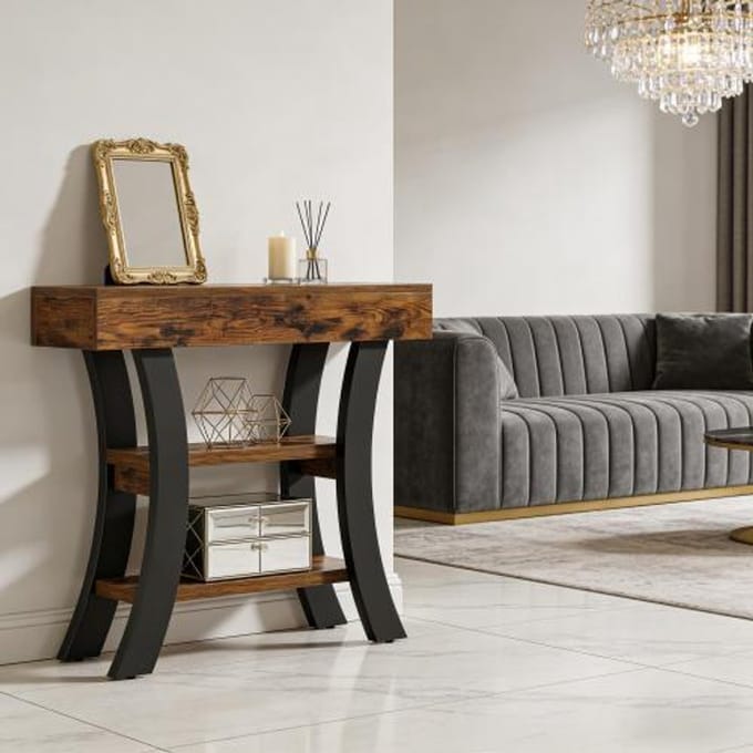 MODENUIT Consoletafel - Gebogen Ontwerp Met 3 Open Planken - Voor Hal En Woonkamer - MDF Metaal - 105x30x80 Cm