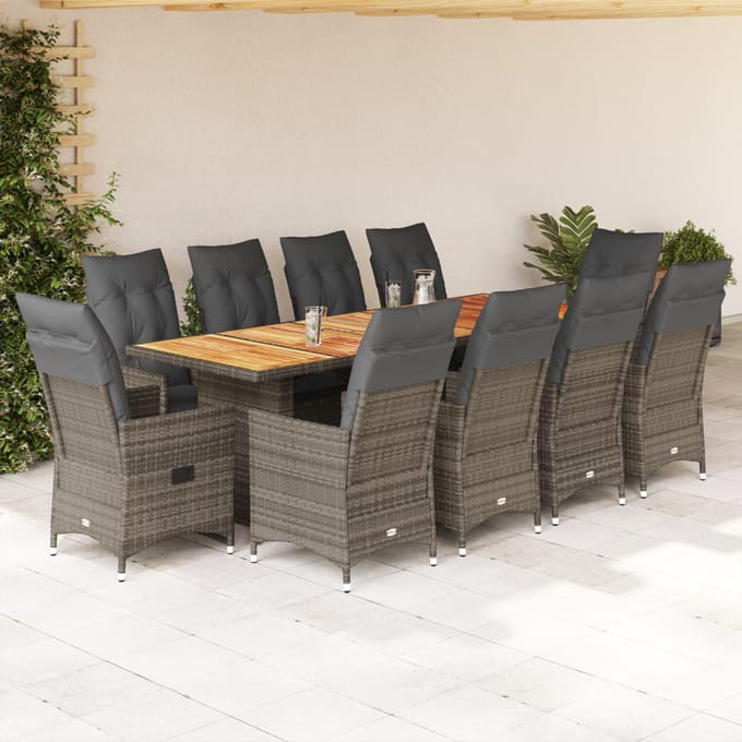 vidaXL - 11-delige - Bistroset - met - kussens - poly - rattan - grijs