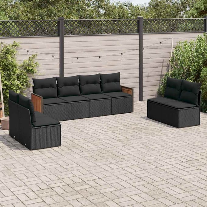 vidaXL - 8-delige - Loungeset - met - kussens - poly - rattan - zwart