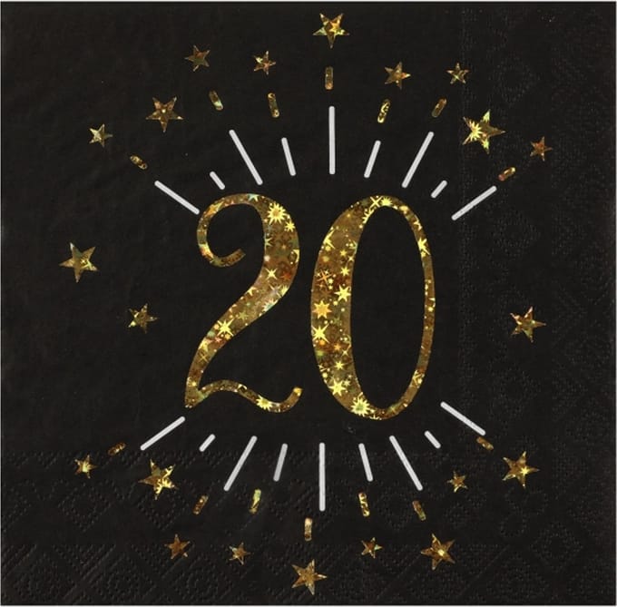 Santex Verjaardag feest servetten leeftijd - 10x - 20 jaar - goud - 33 x 33 cm