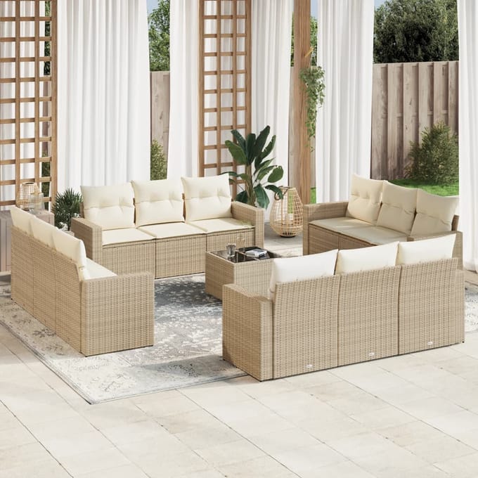 vidaXL - 13-delige - Loungeset - met - kussens - poly - rattan - beige
