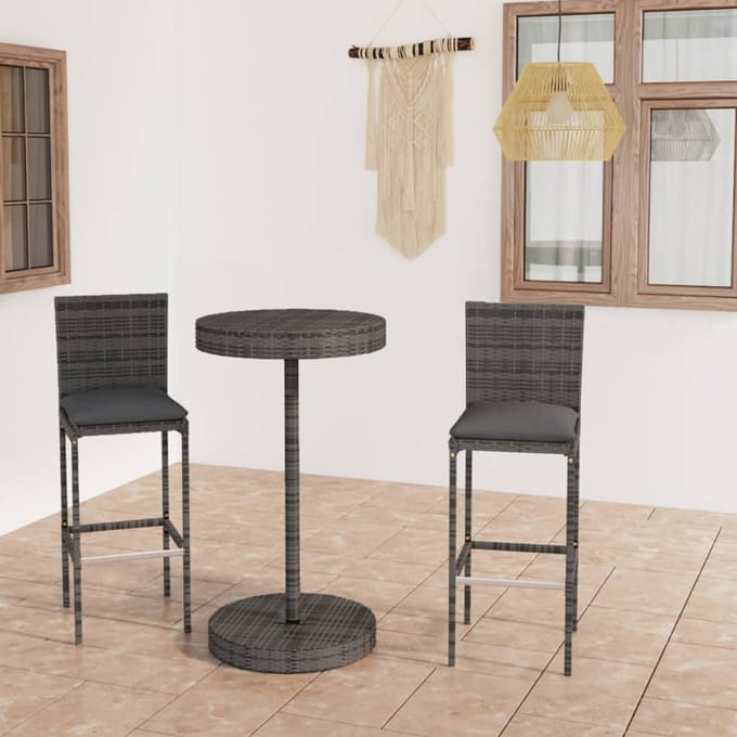 vidaXL - 3-delige - Tuinbarset - met - kussens - poly - rattan - grijs
