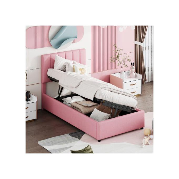 Kinderbed - MUVOE - 90x200 cm - Gestoffeerd - Hydraulische opbergruimte - Roze roze