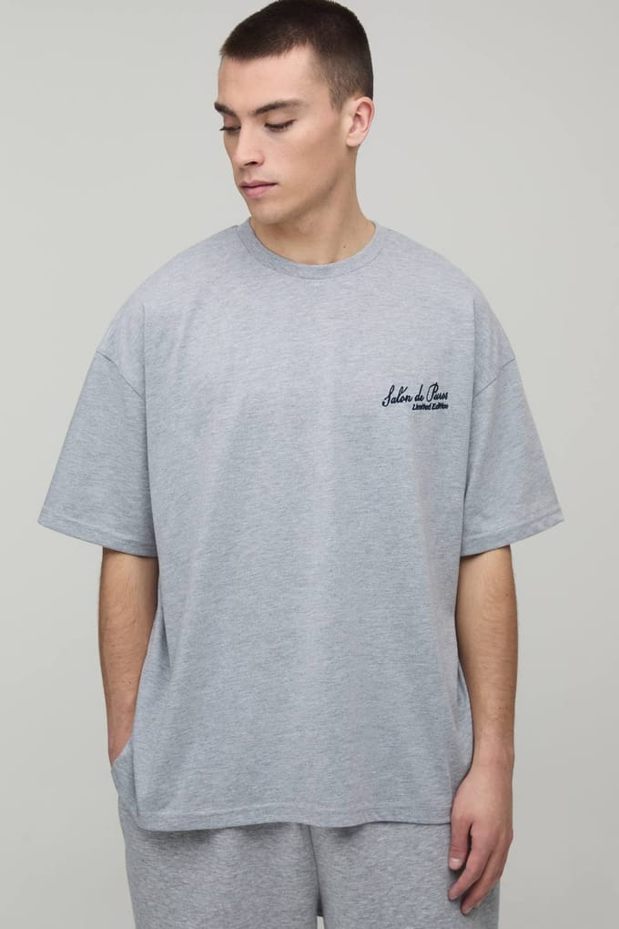 Salon De Paris Embroidered Oversized T-Shirt | Grey Marl | Size Medium