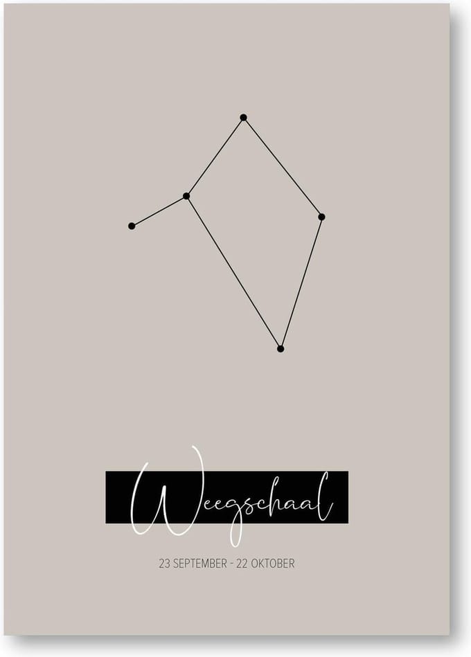 MOODZ design | Sterrenbeeldposter Weegschaal | A3 formaat | warm grijs | naturel